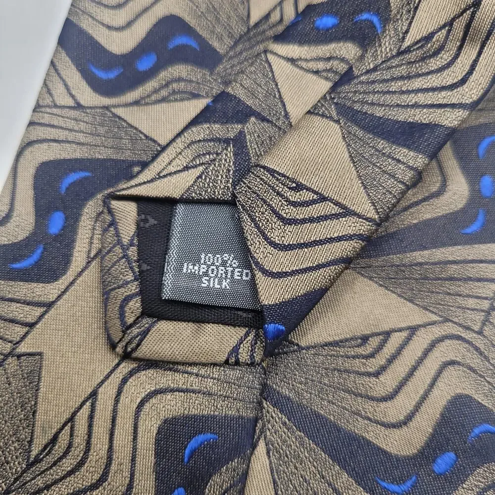 Vintage Courreges‎ Homme Tie Beige Blue Geometric Silk Designer Necktie Abstract